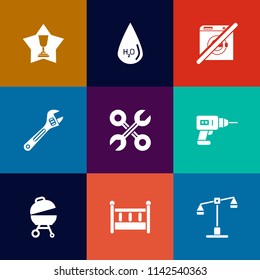 Modern, simple vector icon set on colorful flat backgrounds with industrial, win, dont, ribbon, winner, competition, meat, drop, wrench, victory, liquid, law, justice, repair, place, hand, bed icons
