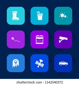 Modern, simple vector icon set on colorful long shadow backgrounds with dark, fun, leather, move, alien, glass, fiction, water, kitchen, highway, night, cup, joy, left, camera, drink, foot, bus icons.