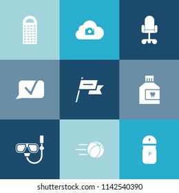 Modern, simple vector icon set on colorful blue backgrounds with technology, mask, computer, football, snorkel, game, seasoning, chair, office, country, pepper, web, water, patriotism, mouth icons