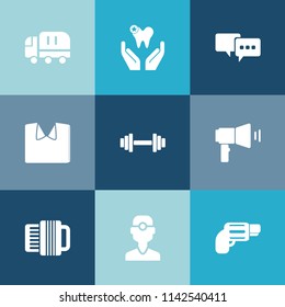 Modern, simple vector icon set on colorful blue backgrounds with handgun, pistol, cargo, fitness, hygiene, gym, accordion, gun, care, business, communication, vehicle, firearm, megaphone, music icons