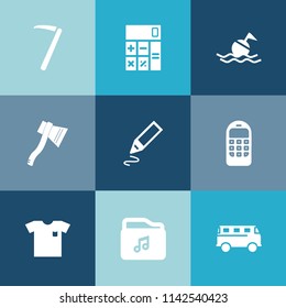 Modern, simple vector icon set on colorful blue backgrounds with equipment, help, axe, music, finance, road, telephone, office, lifebuoy, tool, financial, communication, transportation, buoy icons