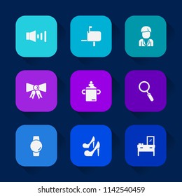 Modern, simple vector icon set on colorful long shadow backgrounds with volume, zoom, fashion, food, male, high, communication, home, interior, letter, milk, boy, gadget, female, suit, speaker icons.