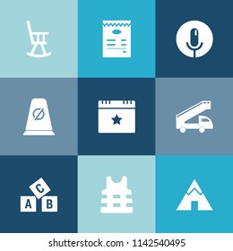 Modern, simple vector icon set on colorful blue backgrounds with decoration, safety, abc, interior, event, office, life, microphone, white, travel, music, button, street, interface, adventure icons