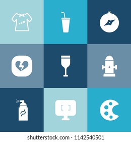 Modern, simple vector icon set on colorful blue backgrounds with map, cute, compass, juice, newborn, clothing, cold, child, hydrant, paint, broken, fashion, graffiti, safety, technology, fire icons