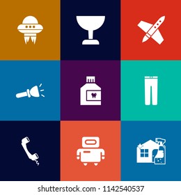 Modern, simple vector icon set on colorful flat backgrounds with care, spacecraft, pants, vehicle, shine, mouthwash, find, light, fashion, hygiene, shuttle, technology, search, magnifying, lamp icons