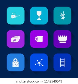 Modern, simple vector icon set on colorful long shadow backgrounds with equipment, food, music, atom, agriculture, bar, white, molecule, farm, harvest, queen, seed, crown, drink, glass, web icons.