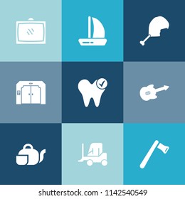 Modern, simple vector icon set on colorful blue backgrounds with ship, chicken, beverage, healthy, music, sign, sailboat, media, home, meat, room, guitar, vacation, tv, elevator, tea, video, man icons