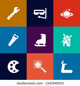 Modern, Simple Vector Icon Set On Colorful Flat Backgrounds With Tool, Space, Spanner, Nature, Fitness, Snorkel, Energy, Sport, Treadmill, Snorkeling, Mask, Search, Find, Planet, Sea, Art, Saw Icons