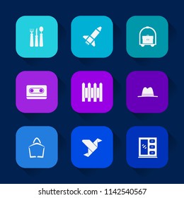 Modern, simple vector icon set on colorful long shadow backgrounds with tourism, barrier, sound, origami, spoon, bed, sign, stereo, dinner, furniture, hat, travel, creative, fence, service, art icons.