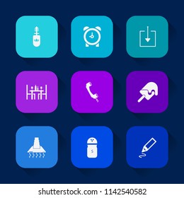 Modern, simple vector icon set on colorful long shadow backgrounds with button, object, minute, makeup, office, cosmetic, watch, web, sweet, phone, hood, bell, kitchen, arrow, seasoning, coffee icons.