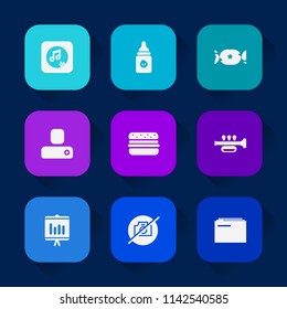 Modern, simple vector icon set on colorful long shadow backgrounds with profile, dessert, user, nutrition, sign, lollipop, human, kid, social, note, plastic, lolly, person, no, business, music icons.