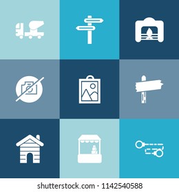 Modern, simple vector icon set on colorful blue backgrounds with photo, red, no, picture, warm, camera, grocery, christmas, market, road, home, sign, cement, banner, estate, store, industry, way icons