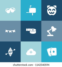 Modern, simple vector icon set on colorful blue backgrounds with correspondence, beer, tape, drink, lamp, alcohol, game, add, adhesive, poker, letter, background, pub, delivery, cloud, flag, cat icons