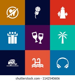 Modern, simple vector icon set on colorful flat backgrounds with vacation, white, water, mic, gift, health, sound, tooth, technology, wine, red, music, dental, holiday, dentist, box, audio, sign icons