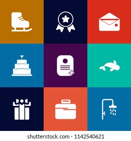 Modern, simple vector icon set on colorful flat backgrounds with ice, leisure, white, food, skating, sea, identity, box, internet, sport, cake, skate, champion, briefcase, ribbon, web, present icons