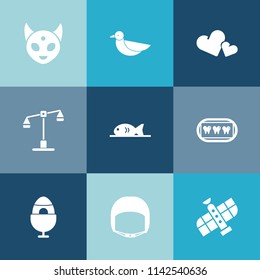 Modern, simple vector icon set on colorful blue backgrounds with science, character, space, technology, white, valentine, love, romance, alien, sky, meat, justice, dental, fish, wildlife, easter icons
