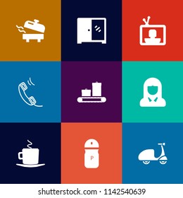 Modern, simple vector icon set on colorful flat backgrounds with modern, technology, drink, cappuccino, cabinet, boiler, tv, equipment, pepper, heater, girl, room, seasoning, electric, interior icons