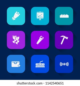 Modern, simple vector icon set on colorful long shadow backgrounds with bunch, floral, summer, fruit, white, sale, nature, graphic, tie, fashion, hammer, tool, elegance, add, spanner, work, bag icons.
