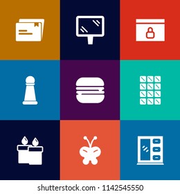 Modern, simple vector icon set on colorful flat backgrounds with strategy, file, element, sandwich, lock, website, internet, document, fire, business, billboard, city, snack, nature, web, burger icons