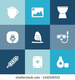 Modern, simple vector icon set on colorful blue backgrounds with summer, cup, picture, microphone, paper, water, drink, sound, japan, meat, photography, breakfast, sake, wind, beverage, play icons