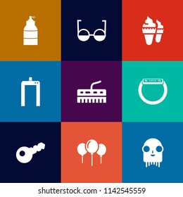 Modern, simple vector icon set on colorful flat backgrounds with medical, decoration, keyboard, piano, equipment, ice, cone, art, alien, lens, machine, eyeglasses, white, xray, eye, smart, sweet icons