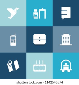 Modern, simple vector icon set on colorful blue backgrounds with scan, bellboy, background, art, machine, map, textbook, service, bird, cake, pie, food, paper, scanner, graphic, house, road, pin icons