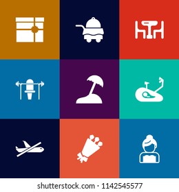 Modern, simple vector icon set on colorful flat backgrounds with beach, bride, wedding, man, weight, table, birthday, sport, bouquet, holiday, flight, package, bike, bedroom, present, time, box icons