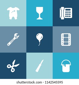 Modern, simple vector icon set on colorful blue backgrounds with paint, wrench, clothes, hammer, kid, knife, video, decoration, spanner, entertainment, fashion, beverage, celebration, internet icons