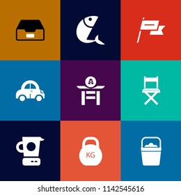 Modern, simple vector icon set on colorful flat backgrounds with bucket, information, weight, office, fish, car, patriotism, fresh, state, seat, object, kitchen, vehicle, handle, nation, waving icons