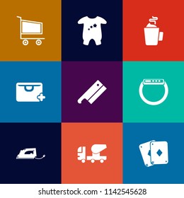 Modern, simple vector icon set on colorful flat backgrounds with store, newborn, watch, smart, time, cup, electric, kid, buy, bag, fashion, clothing, sign, meat, concrete, gadget, coffee, hot icons