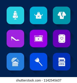 Modern, simple vector icon set on colorful long shadow backgrounds with restaurant, sweet, cookie, cooking, data, clothing, chief, card, doughnut, fashion, internet, cake, chef, poker, clothes icons.