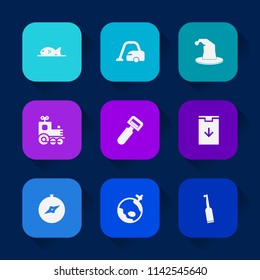Modern, simple vector icon set on colorful long shadow backgrounds with food, north, coffee, travel, kitchen, house, vegetable, plane, electric, flight, web, map, fish, restaurant, drink, hat icons.