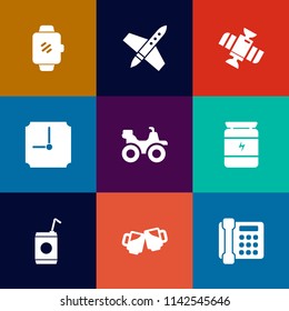 Modern, simple vector icon set on colorful flat backgrounds with science, fitness, cold, liquid, communication, satellite, beverage, wireless, station, dirt, glass, touch, display, smart, phone icons