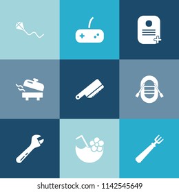 Modern, simple vector icon set on colorful blue backgrounds with joystick, fork, spanner, water, element, leisure, equipment, drink, spoon, happy, dinner, tool, joy, fly, fun, heater, glass, sky icons