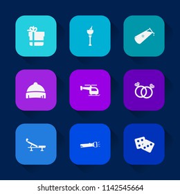 Modern, simple vector icon set on colorful long shadow backgrounds with clothing, casino, ice, package, ribbon, wine, lamp, hat, style, diamond, bow, transport, element, box, romance, chemistry icons.