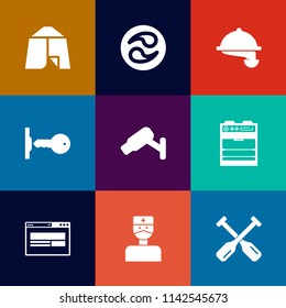 Modern, simple vector icon set on colorful flat backgrounds with surveillance, adventure, mon, crest, kamon, hospital, tent, summer, outdoor, business, canoe, waiter, boat, travel, water, web icons
