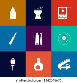 Modern, simple vector icon set on colorful flat backgrounds with system, planet, toothpaste, city, concert, street, transportation, well, space, dental, wooden, art, music, kitchen, spray, stone icons