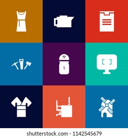Modern, simple vector icon set on colorful flat backgrounds with work, fashion, technology, seasoning, drink, caffeine, beauty, pepper, office, cup, mill, business, electricity, costume, kimono icons