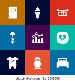 Modern, simple vector icon set on colorful flat backgrounds with graph, kid, background, car, paper, vanilla, sweet, trend, hydrant, container, baby, ice, basket, object, food, cone, dessert icons