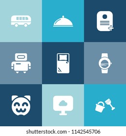 Modern, simple vector icon set on colorful blue backgrounds with cyborg, business, digital, cat, shovel, smart, street, science, future, kitty, transport, service, robotic, dish, animal, road icons