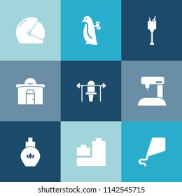 Modern, simple vector icon set on colorful blue backgrounds with sewing, kite, helmet, equipment, motorcycle, weight, child, real, fashion, motorbike, building, alcohol, speed, house, biker, sew icons