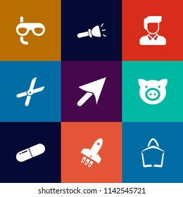 Modern, simple vector icon set on colorful flat backgrounds with light, casual, medicine, gardening, mask, lamp, work, rocket, pruning, scuba, medical, pork, pill, underwater, garden, sale, bag icons
