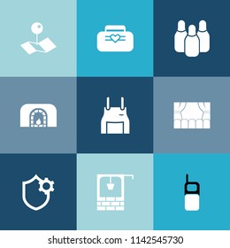 Modern, simple vector icon set on colorful blue backgrounds with leather, bag, phone, chef, theater, bowling, fire, place, fireplace, water, competition, christmas, pin, map, security, ball, old icons