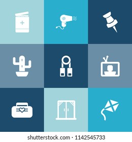 Modern, simple vector icon set on colorful blue backgrounds with health, medicine, house, medical, television, presentation, location, plant, green, hairdryer, technology, home, tv, object, kite icons