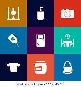 Modern, simple vector icon set on colorful flat backgrounds with bath, technology, experiment, research, picture, bed, talcum, test, bottle, camera, health, clothes, bag, jam, chemical, care icons