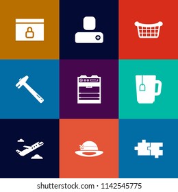 Modern, simple vector icon set on colorful flat backgrounds with add, construction, person, web, flight, puzzle, cup, repair, lock, human, store, contact, spanner, oven, object, member, wrench icons