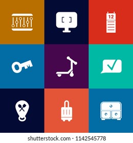 Modern, simple vector icon set on colorful flat backgrounds with map, web, concept, safe, suitcase, monitor, pointer, location, scooter, waveform, element, music, security, reminder, delivery icons