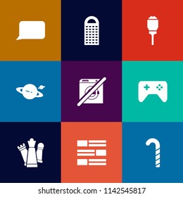 Modern, simple vector icon set on colorful flat backgrounds with electric, chess, light, king, white, electricity, astronomy, object, cuisine, lantern, grate, joystick, lamp, wash, cheese, piece icons