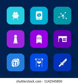 Modern, simple vector icon set on colorful long shadow backgrounds with sausage, office, restaurant, dinner, fireplace, chess, work, technology, desk, fork, graph, mailbox, bonfire, knife, sign icons.