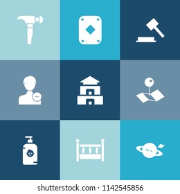 Modern, simple vector icon set on colorful blue backgrounds with law, casino, card, black, temple, profile, culture, map, collection, saturn, justice, happy, account, drill, construction, game icons